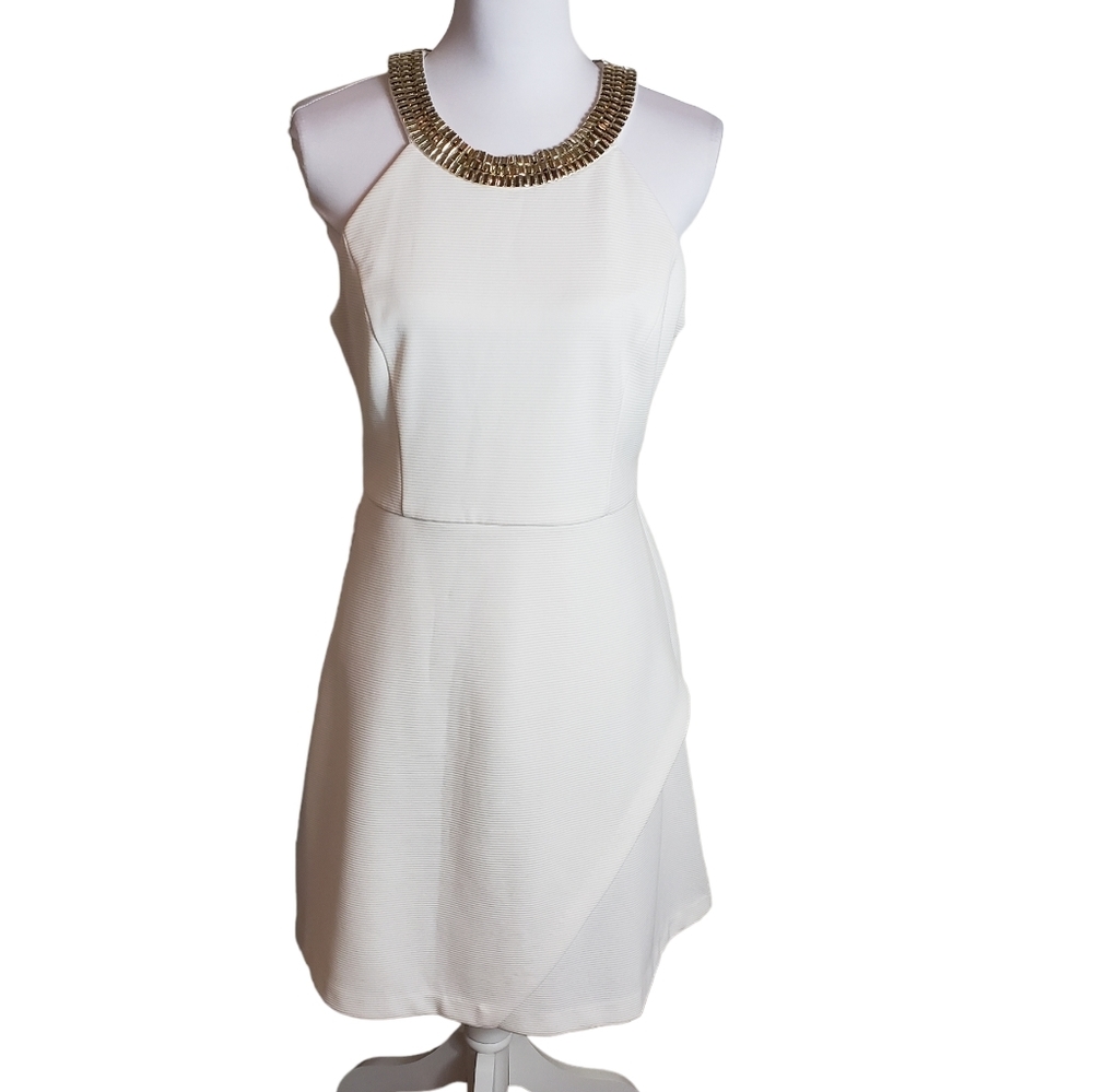 Jessica Simpson White Dress Size 8 Gold Stud Collar Racerback Cocktail Party